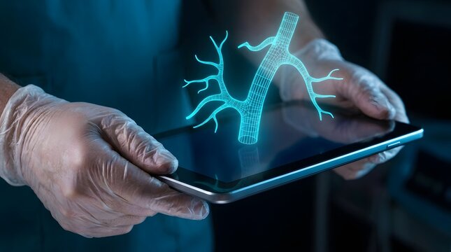 Medical specialist holding digital tablet projecting a glowing green holographic bronchial tree lung airway diagram inside dark clinic room.