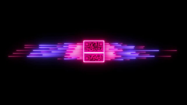 Neon qr code digital scan animation with glowing motion streaks on black background
