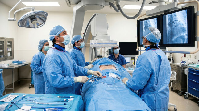 Medical team performing heart catheterization surgery in hospital operating room