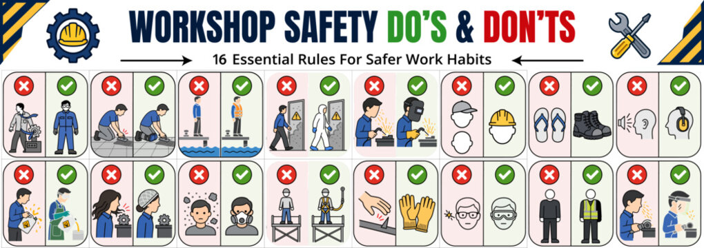 Workshop Safety Rules and Protective Equipment Infographic