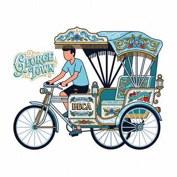 Traditional Beca Rickshaw of Georgetown Penang &ndash; Cultural Fusion Vector Illustration