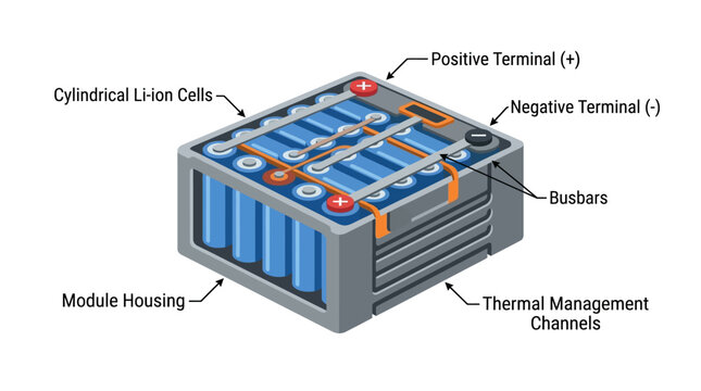 Lithium-ion Battery Pack: Cylindrical Cells, Terminals, Busbars, Housing, Thermal Management