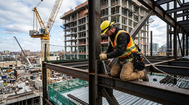 Construction worker tightening steel beam on high rise building site