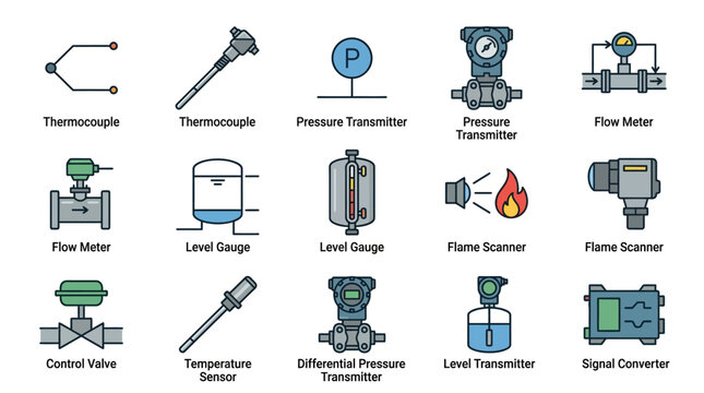 Industrial instrumentation icons including pressure transmitters flow meters and control valves for automation