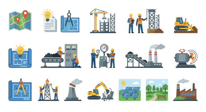 Workers operate heavy machinery at a modern industrial site with factories