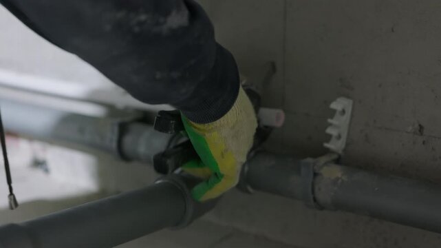 Cutting polypropylene plumbing pipe with pipe cutter during installation
