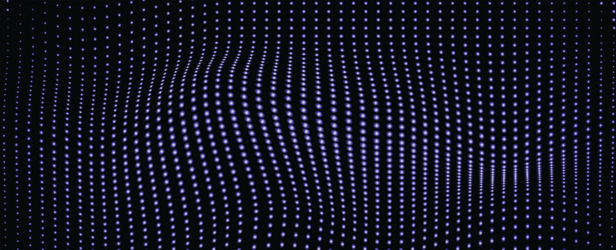 Abstract 3D halftone vector element featuring a flowing, perspective distorted wavy surface grid made of vibrant violet and purple dots isolated on a solid black background.
