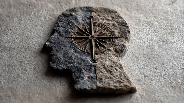 Conceptual image about mental health, migration and relocation, featuring a human head with a compass, symbolizing identity, inner direction, emotional resilience and adapting to a new life