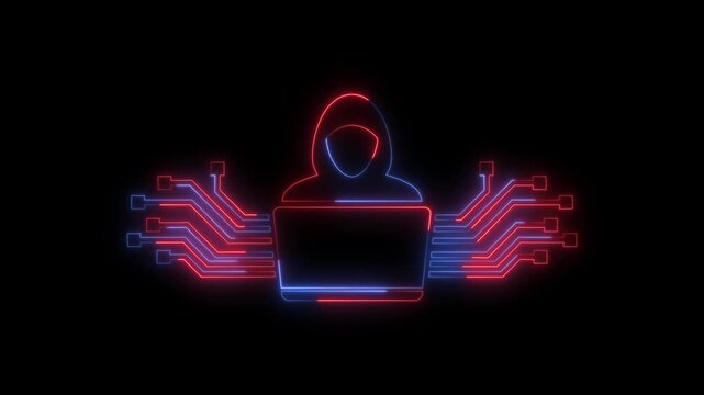 Abstract neon outline of a hooded figure with a laptop computer and circuit board elements glowing with blue and red light against a black backdrop symbolizing digital security and data transfer