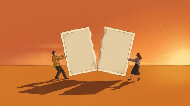 Man and woman tearing large photograph apart at sunset, breakup