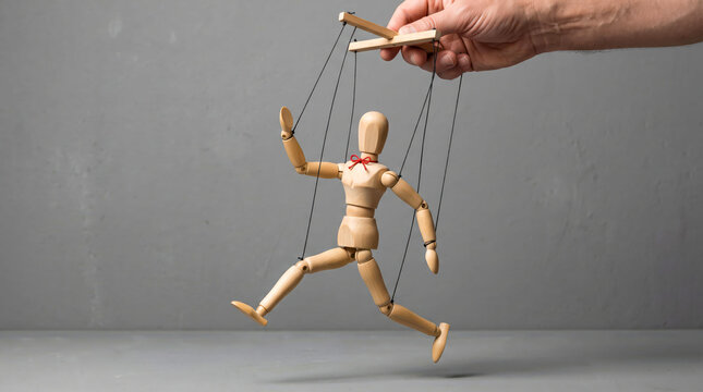 Wooden puppet controlled by strings on gray background