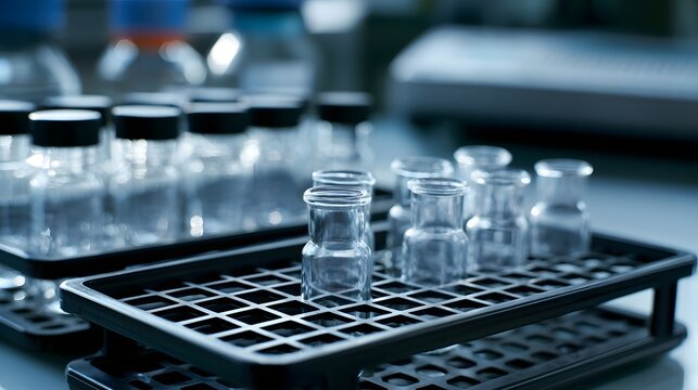 Rows of clear glass containers arranged on black plastic trays in a laboratory setting under cool blue lighting