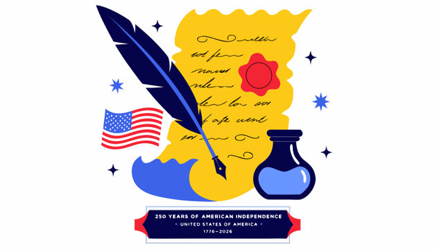 Very beautiful realistic vector illustration celebrating the 250th Anniversary of the United States of America, featuring a historic declaration parchment, feather quill, ink bottle, wax seal, USA fla