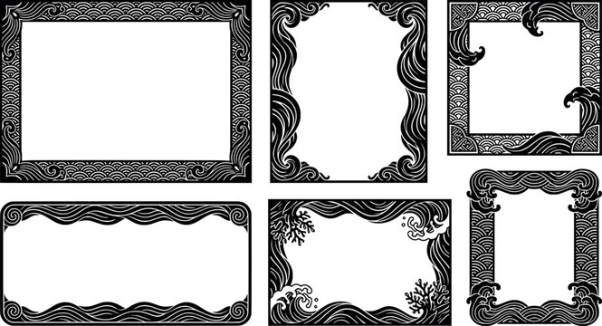 Set of artistic frames with ocean waves and coral reef elements transparent background