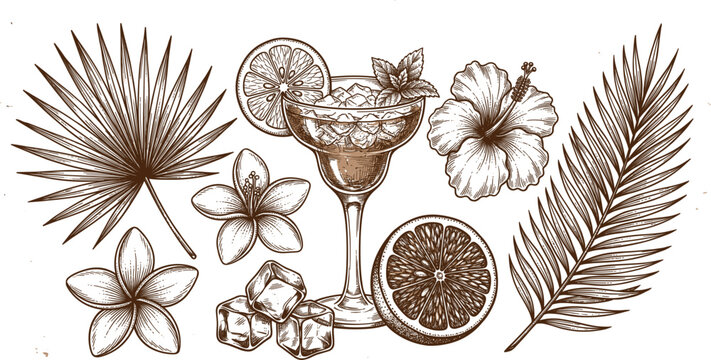 Tropical Cocktail with Palm Leaves Hibiscus Flower Orange Slice and Ice Cubes Vintage Engraving Vector Illustration Set