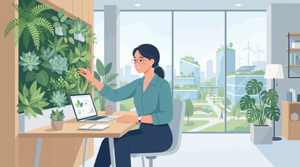 Fototapeta premium Woman tending to indoor plants in a modern office with city view