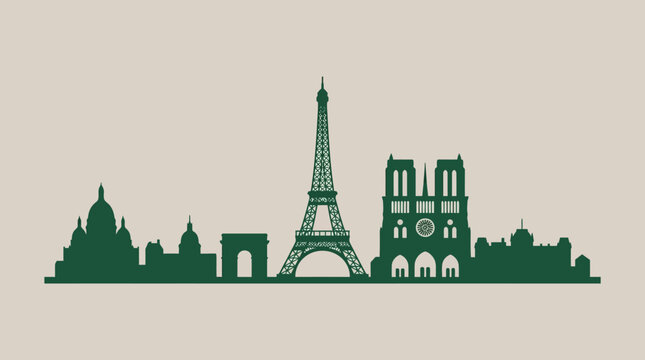 Cityscape of Paris featuring famous landmarks in green silhouette