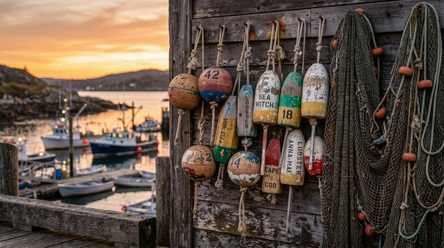 Boyas tradicionales de pesca con est&eacute;tica n&aacute;utica cl&aacute;sica.
