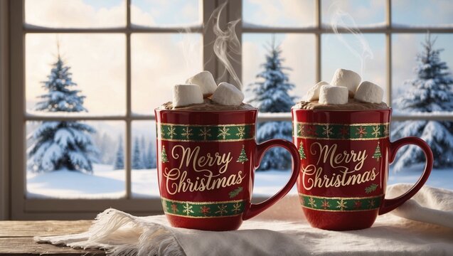Two red mugs of cocoa or hot chocolate and marshmallows on top with a Christmas print and inscription Merry Christmas in gilded letters on a white tablecloth or kitchen towel by the window, snow-covered fir trees, sunset outside the window, AI generated