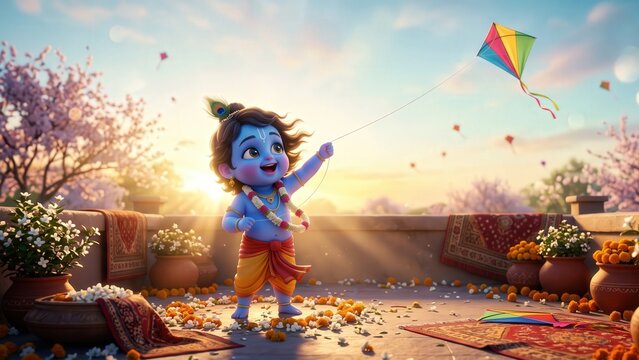 Baby Krishna Flying Kite &ndash; Joyful Spring Celebration