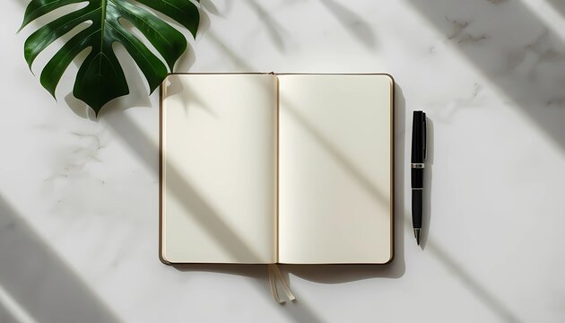 Top down flat lay of luxury blank open notebook with textured paper. Minimalist creative workspace mockup on white marble table