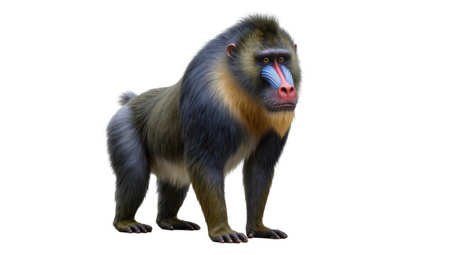 Isolated full body mandrill standing, vivid colorful face and dark fur, powerful primate