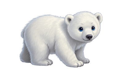 Isolated cute fluffy baby polar bear cub standing with charming blue eyes looking forward © Saoirse