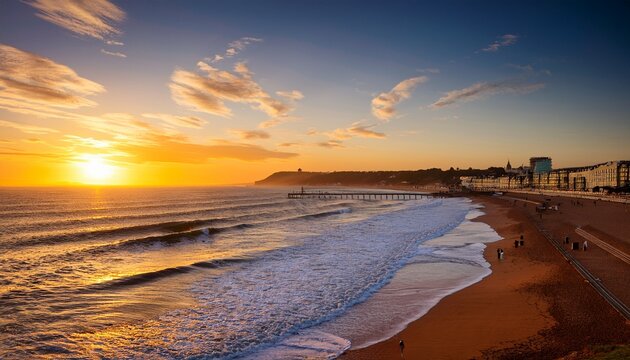 Bournemouth Beach Illuminated By The Setting Sun At Sunset