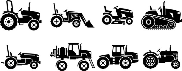 Agricultural Tractor Silhouette Icons Collection Set © MdJahid