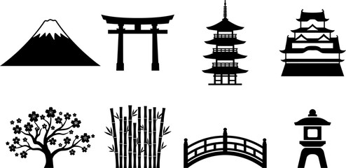 Naklejka premium Japanese Culture and Traditional Landmark Black Silhouette Icons Set Vector Collection