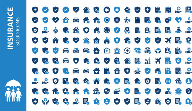 Insurance icons illustrate a wide array of protective coverage symbols for personal, automotive, and property security services.