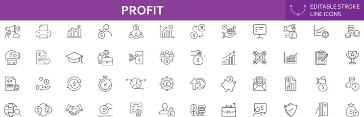 Fototapeta premium Profit set of web icons in line style. Containing money, finance, growth, investment, cash, income, savings, earnings, management and more. Editable stroke. Vector illustration.