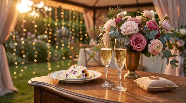 A romantic outdoor wedding reception setup with flowers, champagne, and cake on a wooden table in a lush green garden at sunset.