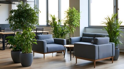 Fototapeta premium Modern office lounge area featuring gray upholstered chairs wooden tables and large potted plants under bright