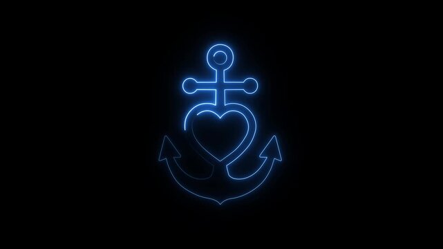 Glowing neon anchor with arrow lines animation. On Black Background.4K Video.