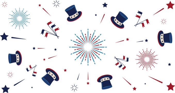 American Independence Day Fourth of July Festive Pattern with Uncle Sam Top Hats Fireworks Starbursts and Small Flag Ribbons Vector Graphic