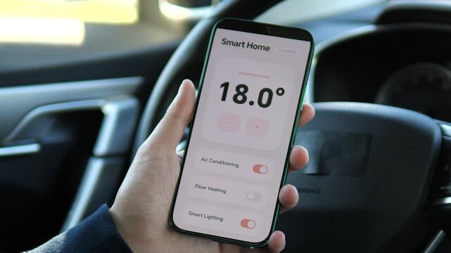 Clean, minimalist mobile UI for a Smart Home control app. Features temperature readouts and toggle switches for lighting and heating. 