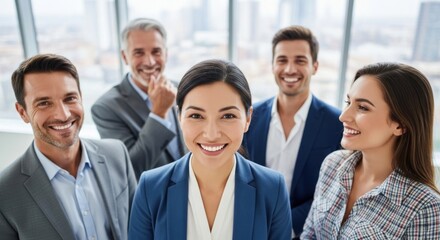 Fototapeta premium Diverse group of professional colleagues smiling together in a bright office environment
