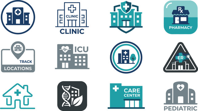 Hospital and healthcare vector icon set featuring clinic pharmacy intensive care unit pediatric center emergency room and medical building logos