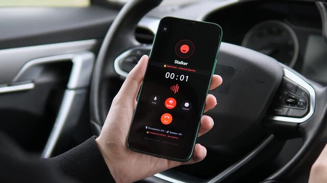 Mobile phone receives a terrifying call from a Stalker with a restricted number warning. The user is alerted to suspicious activity. 