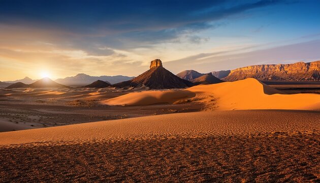 Desert Sandy Ground And Spectacular Yardang Landform Mountain Natural Landscape At Sunset