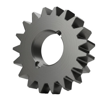 A solitary industrial spur gear wheel of polished brushed steel on a transparent background with strong highlights. Concept of mechanical precision