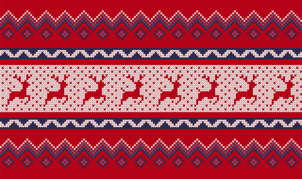 Christmas knit seamless pattern with reindeers. Xmas geometric texture. Knitted sweater background. Red print. Festive traditional border. Holiday fair isle ornament. Vector illustration