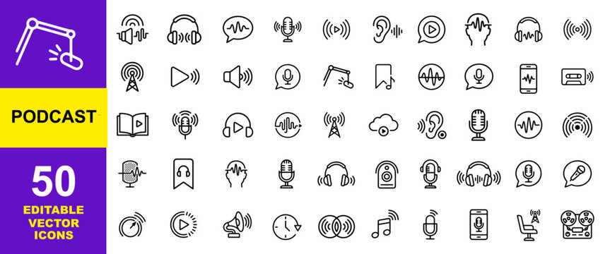 Podcast Icons Set: 50 Editable Vector Icons of Audio Recording, Radio Broadcasting, Professional Microphone, Headphones, Sound Waves, Digital Media, Streaming Thin Line Symbols