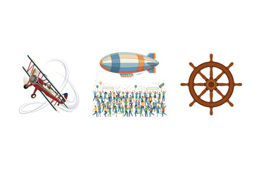 Vintage Aviation Aircraft and Traditional Nautical Ship Steering Wheel Icons Set © Paliyem_Studio
