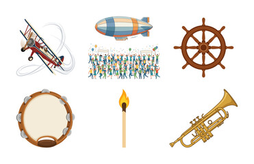 Set of Various Decorative Objects Including Musical Instruments and Travel Icons © Paliyem_Studio