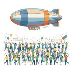 Cheerful Crowd Celebrating with a Large Zeppelin Airship Flying Overhead © Paliyem_Studio
