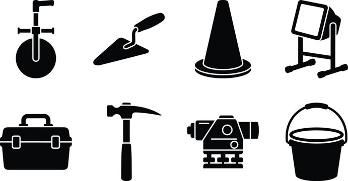 Construction Tools and Equipment Silhouette Icon Set for Building and Engineering Projects