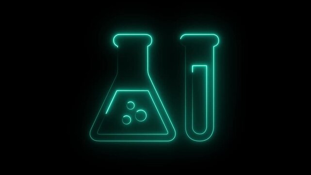 Vibrant neon chemical flask illustration glowing in the dark, representing modern science .4k video.