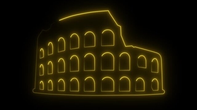 Glowing neon line Coliseum in Rome, Italy icon isolated on black background. Colosseum sign. Symbol of Ancient Rome, gladiator fights. 4K Video motion graphic animation